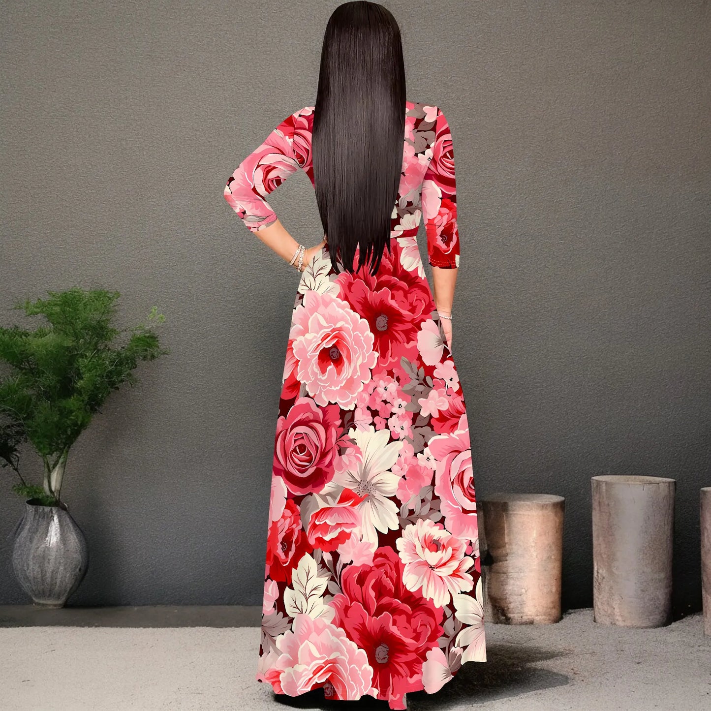 Romantic Floral Rose V-Neck 3/4 Sleeve Wrap Maxi Dress with Belt