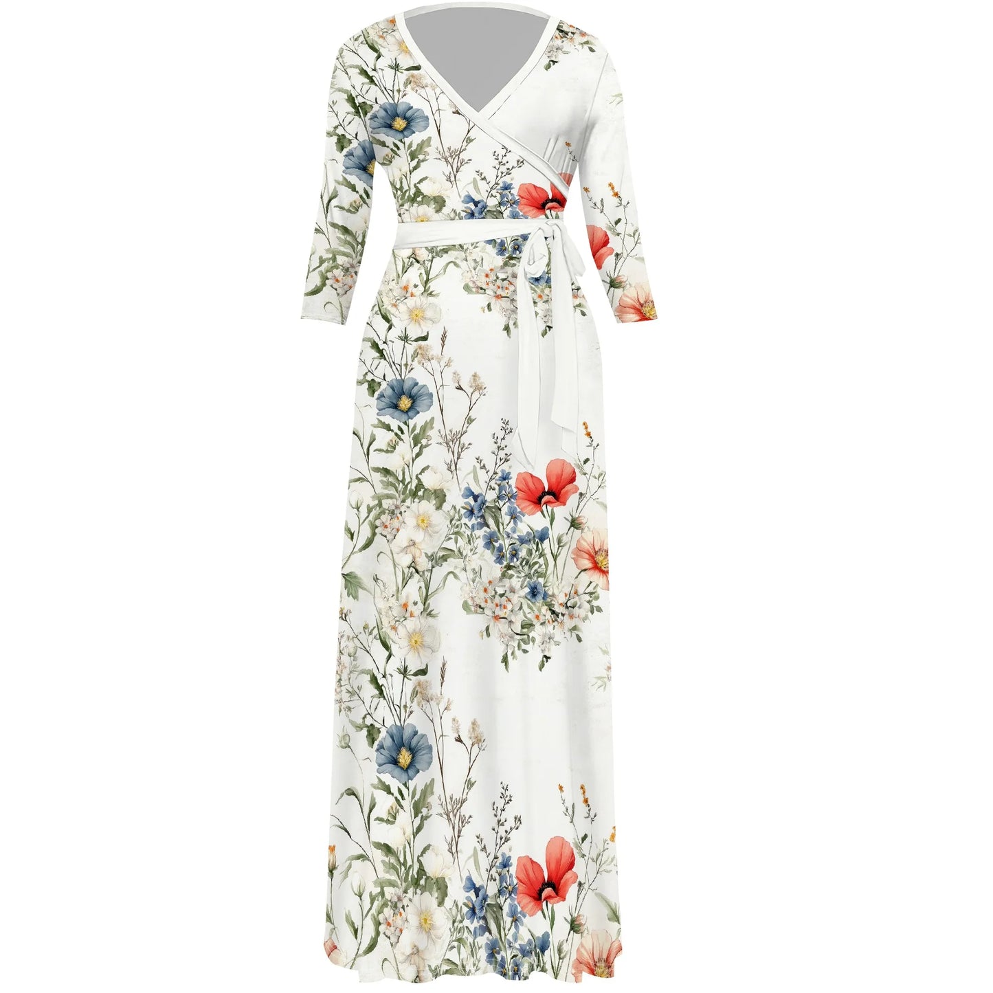 Romantic Floral V-Neck 3/4 Sleeve Wrap Maxi Dress with Belt