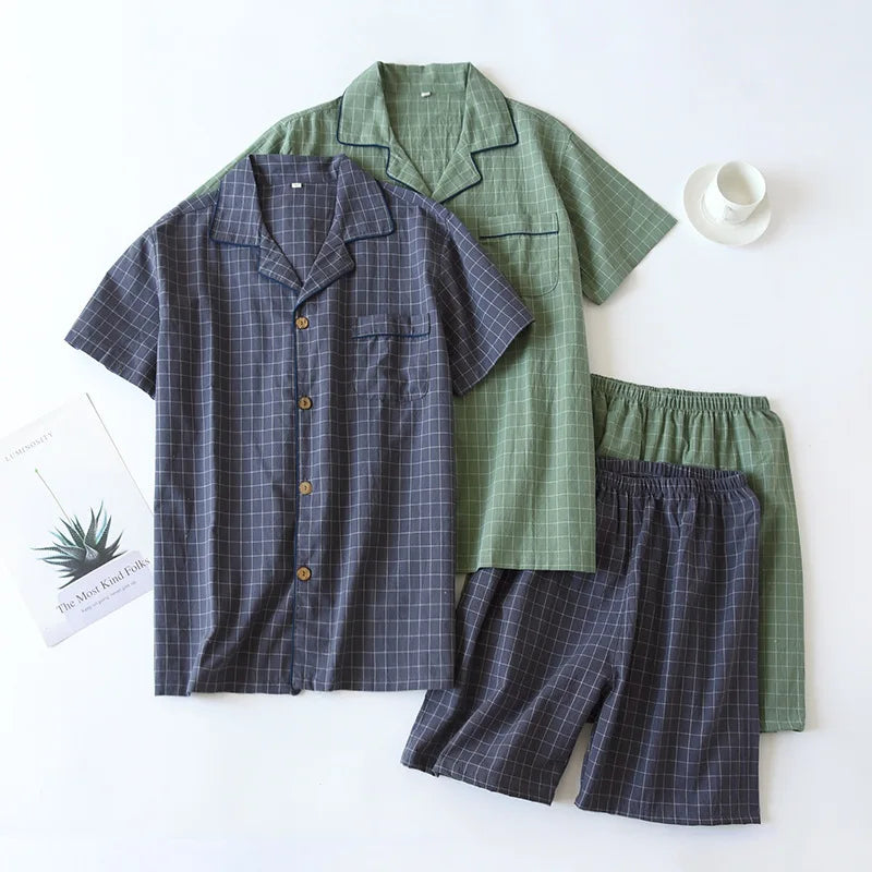 Men's Pajamas Summer Thin Short-sleeved Shorts Cotton Plaid
