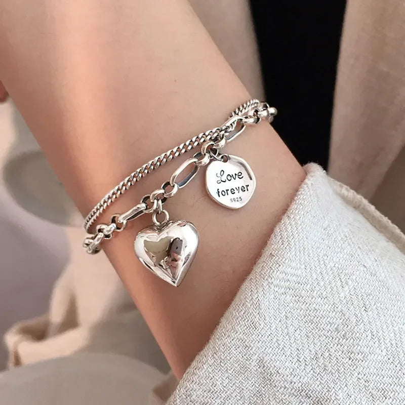Sterling Silver Bracelet Love Letter Heart Double Layer Retro Light Style