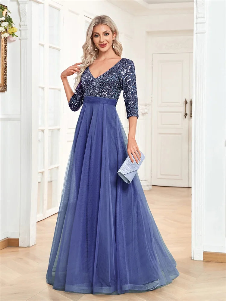 Luxury Floor Length V-Neck Evening Dress Party Maxi Dress Sequin Short Sleeves Prom Cocktail Gown
