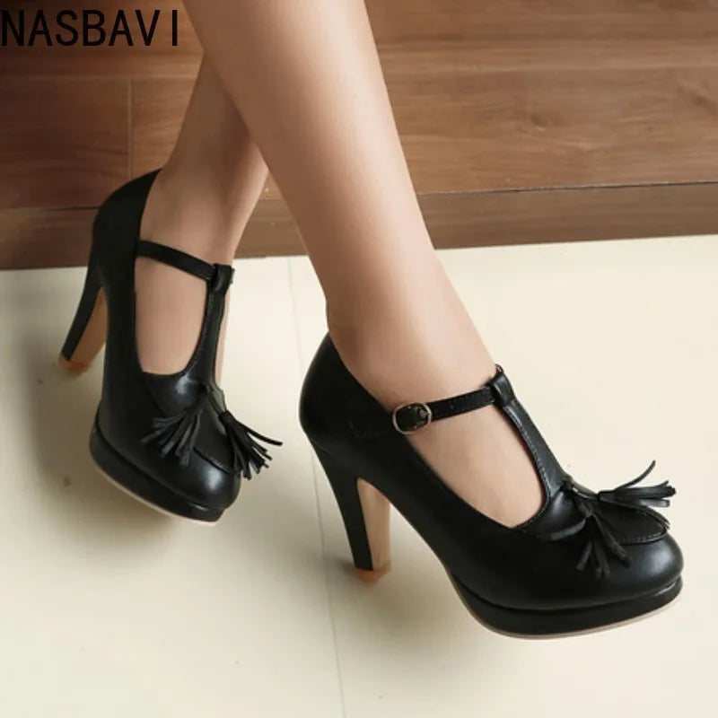 NASBAVI Fashion Female Pumps Round Toe Chunky Heels 9cm Platform 1.5cm Buckle T-Strap Tassels Plus Size 46 47 48 Sexy Shoes