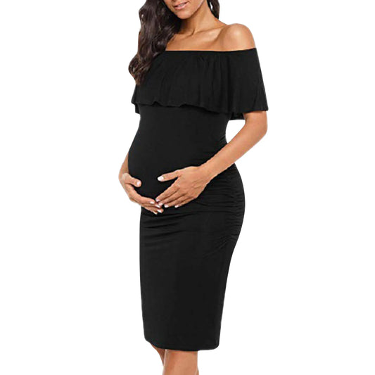 Maternity Dress Short Sleeve Slash Ruffles