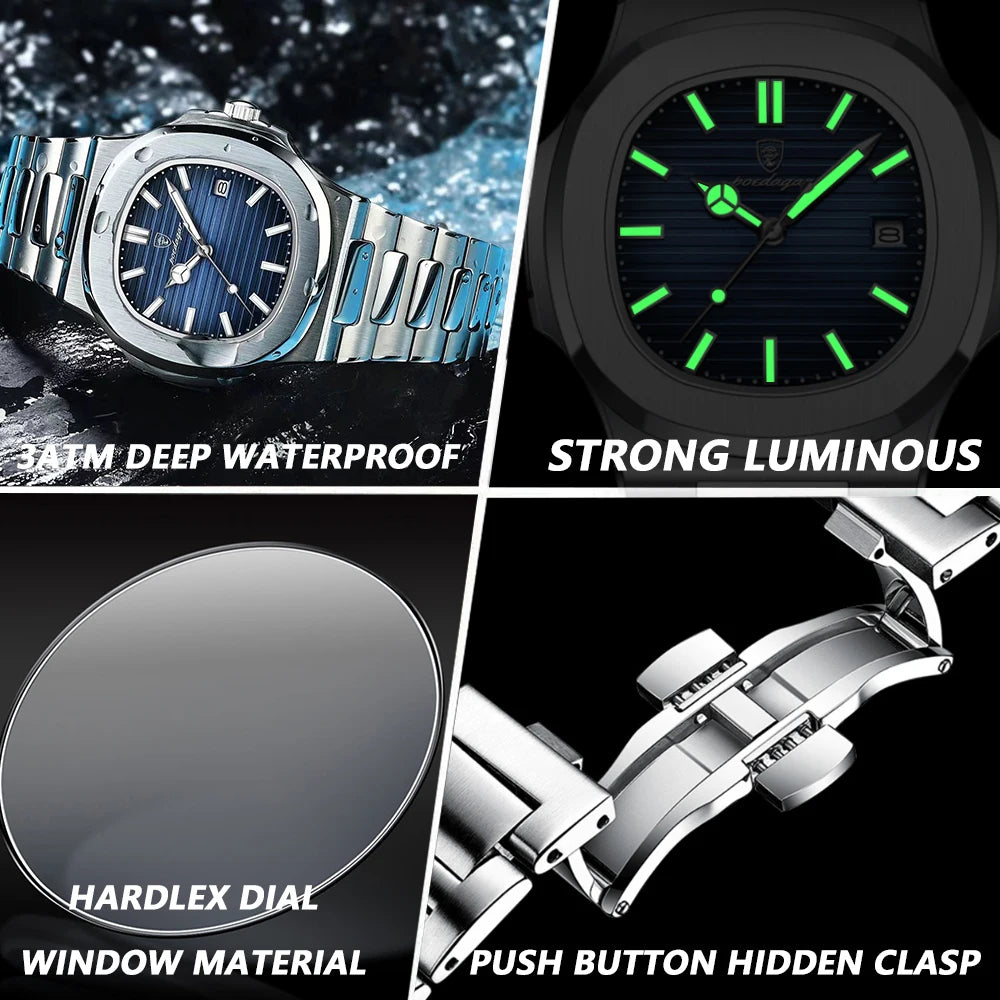 Luxury Men Watch Waterproof Clock Luminous Date Stainless Steel Square Quartz