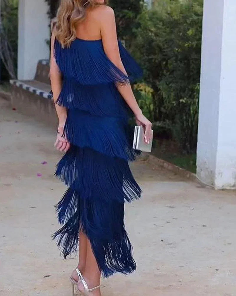 Spring and Summer Women's Fashion Fringed One Shoulder Asymmetrical Dress