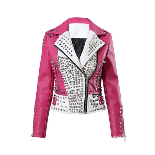 Punk Studded Motorcycle Women Faux Leather Embroidered Jacket