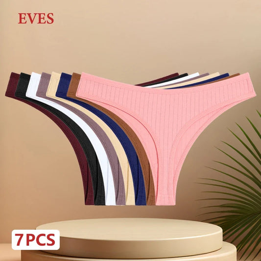 7PCS Women Cotton Striped Thongs Underwear Low Waist G-String Panties Sexy Breathable Solid Color T-Back Casual Bikini Lingerie
