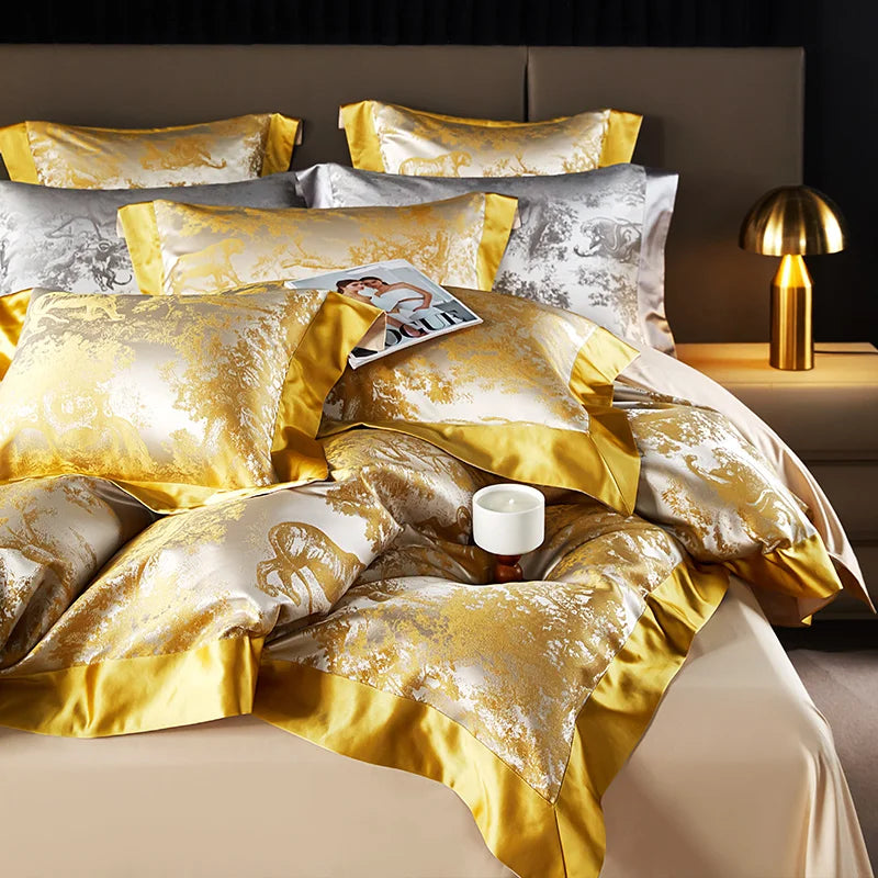 4/6Pcs Luxury Beige Gold Brocade Jacquard Egyptian Cotton Bedding Set Duvet Cover Flat/Fitted Bed Sheet Pillowcases