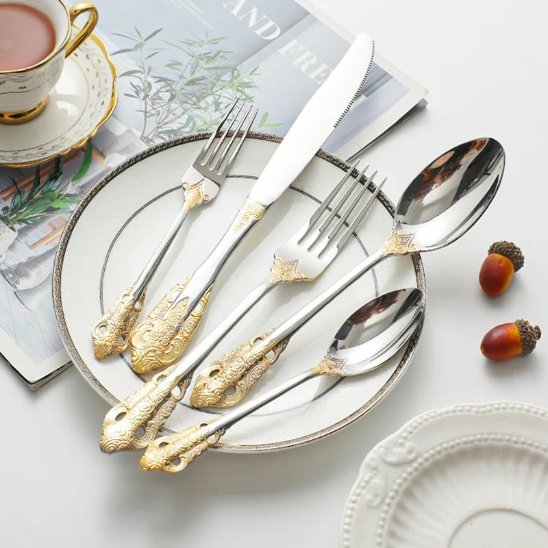 Luxury Gold Cutlery Set Vintage Dinnerware Set 18/10 Stainless Steel Silver Flatware Knife Fork and Spoon