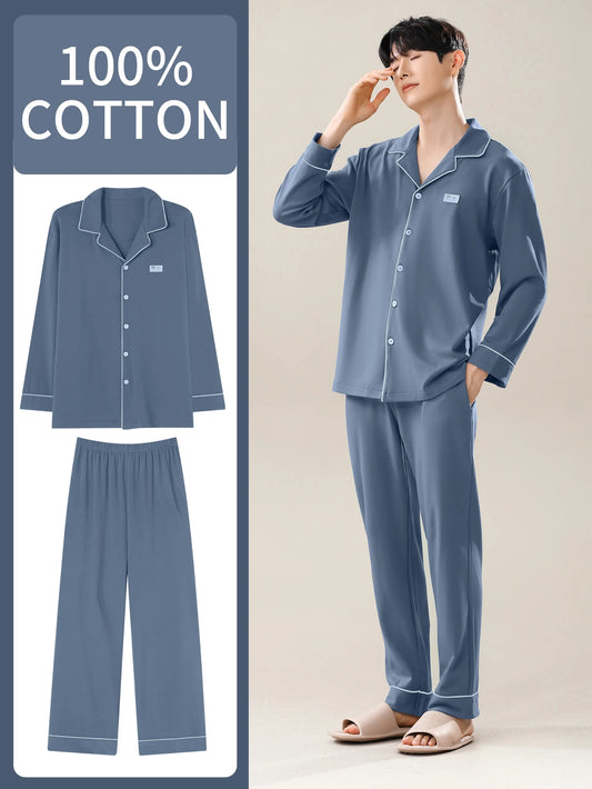 Men's 100% cotton long sleeved four season plus size men's sleepwear, teenage pure cotton home suit set for warmth