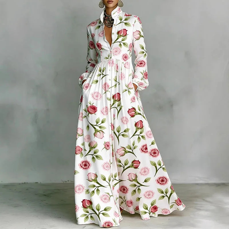 Retro Pattern Print High Waist Pleated Women Boho Dress Spring Shirt Collar Button Pockets Maxi Dress Long Sleeve