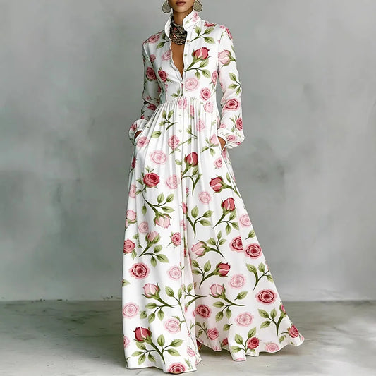 Retro Pattern Print High Waist Pleated Women Boho Dress Spring Shirt Collar Button Pockets Maxi Dress Long Sleeve