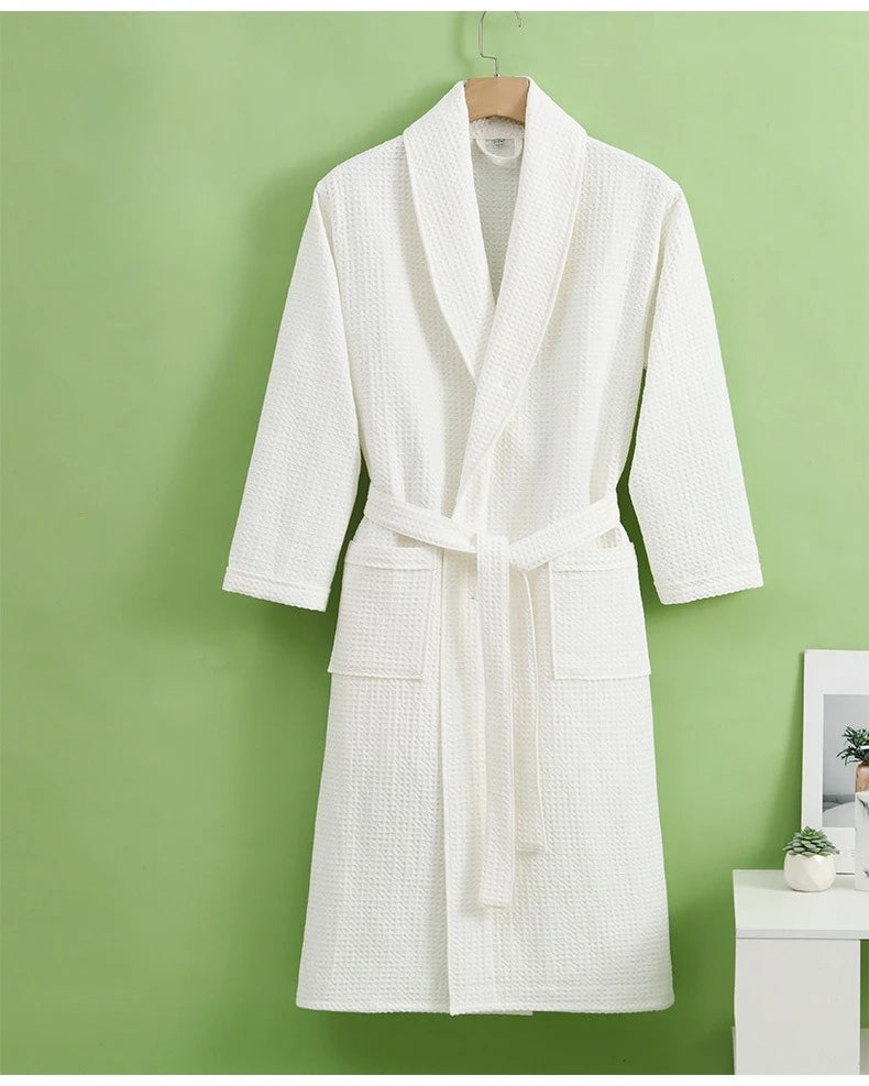 Solid Color Cotton Spring and Autumn Waffle Couples Mid-long Yukata Bathrobe Homestay Hotel Couple Soft Bathrobes