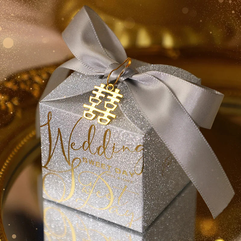 New Wedding Candy Box With Pearl Ribbon Bow High-End Gift Chocolate Box High Quality Glitter Powder Shell Gift Box