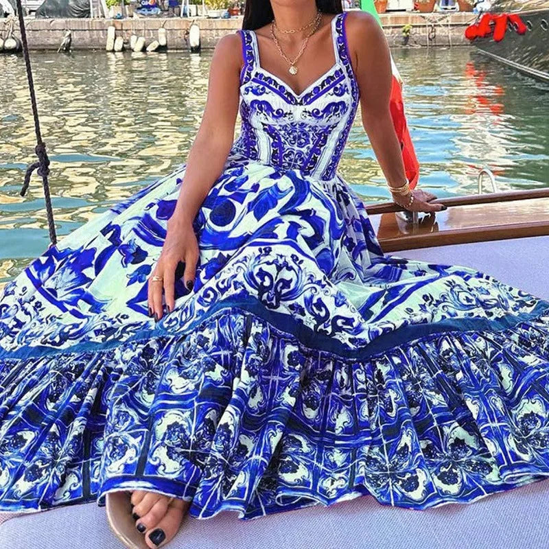 Elegant Summer Bohemian Sling Print Sleeveless A-line Long Dress