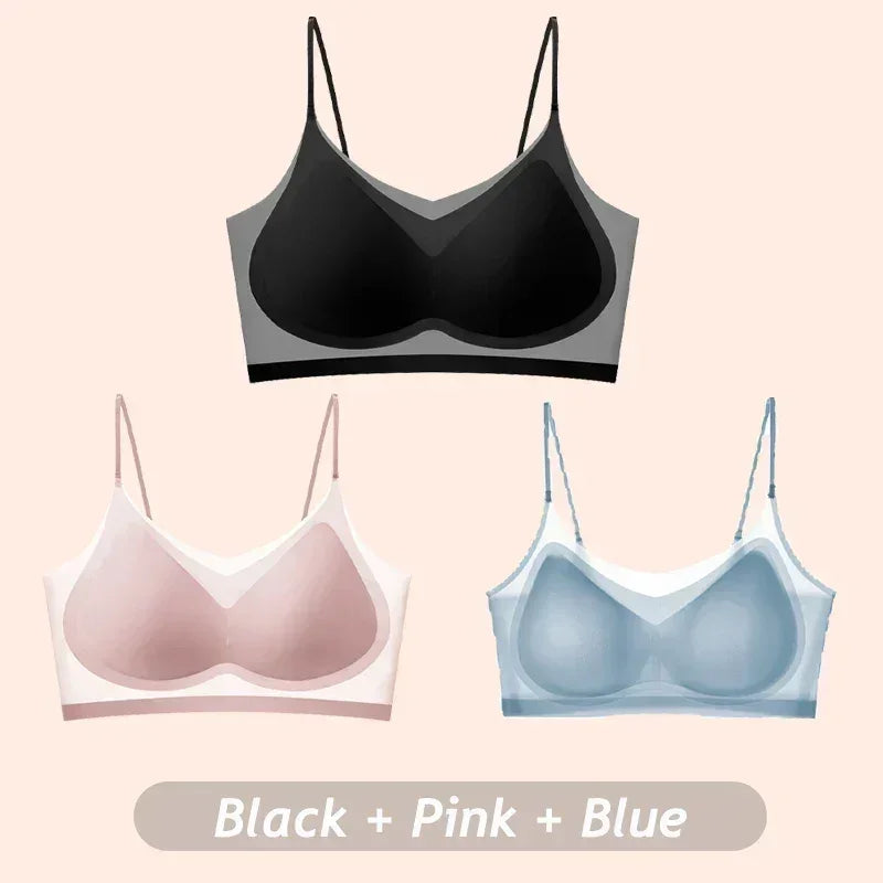 3PCS Ultra-Thin Breathable Ice Silk Top Bras Women's Bustier Underwear Seamless Back Halter Vest Wrap Wireless Bras Solid Color