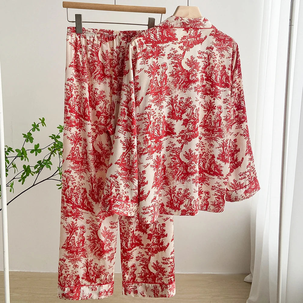 Silk Satin Print Long Sleeve Pajamas Suit Women Sleepwear Set