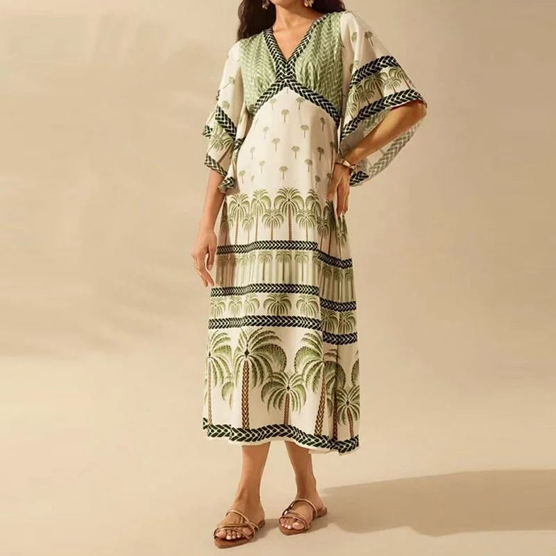 Summer Tropical Plant V-Neck Bohe Elegant Half Sleeve Loose Party Dress A-line
