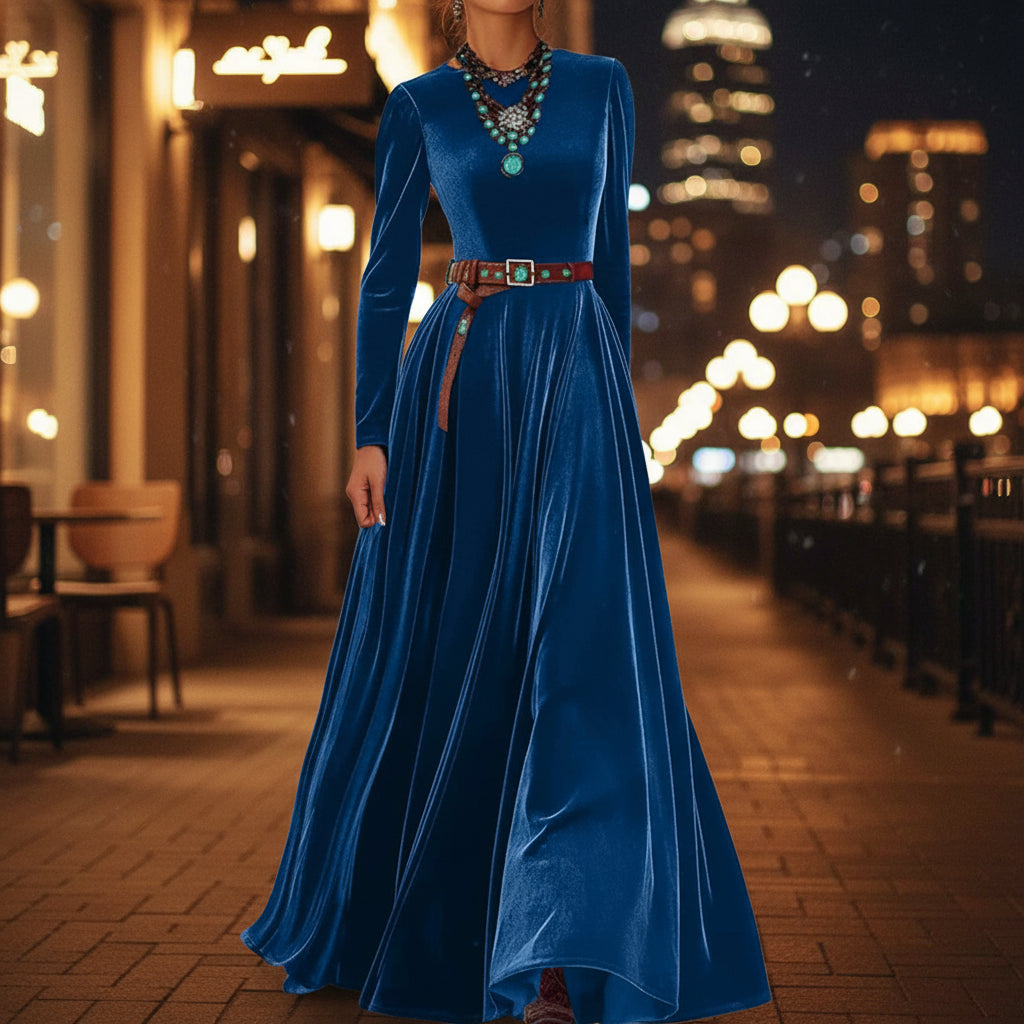 Spring Autumn O Neck Solid Chic Maxi Women Dress Long Sleeve Party Dress