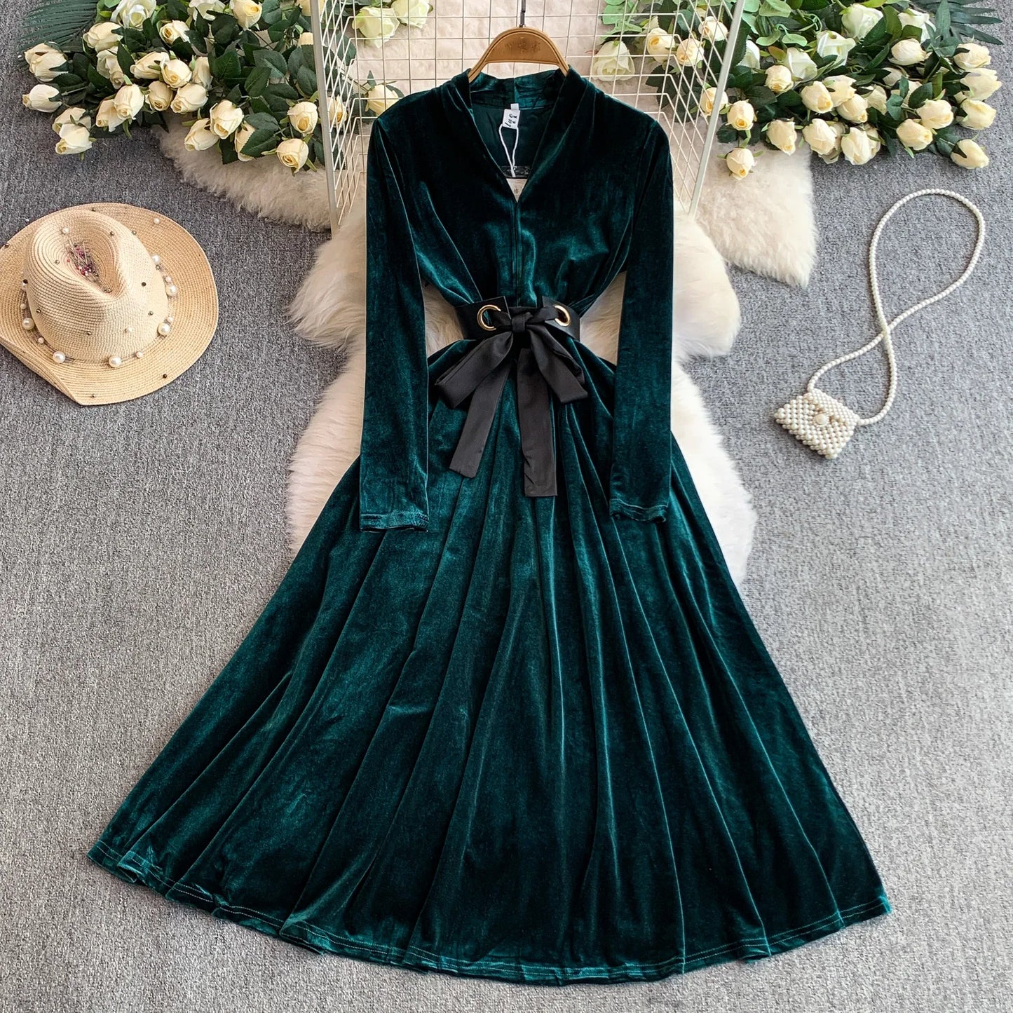 Women Winter Elegant Velvet Dress Evening Party Long Dress