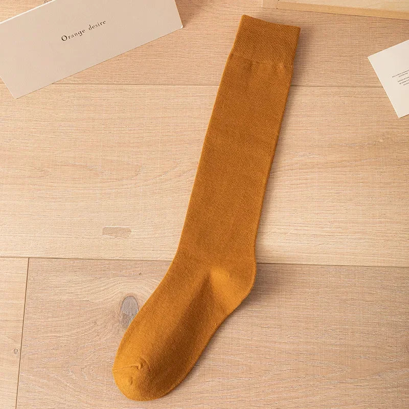 Women's Soft Cotton Knee High Long Socks Black White Solid Calf