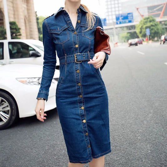 Women Long Sleeve Denim Dress Mid-Cuff Slim Wrap Hip Jean
