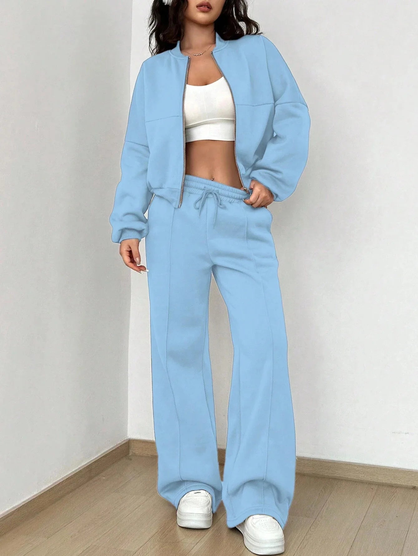 Women Casual Solid Pant Sets Two Piece Sweatshirts Full Sleeve Zipper Coats Long Pants Pockets Autumn Winter