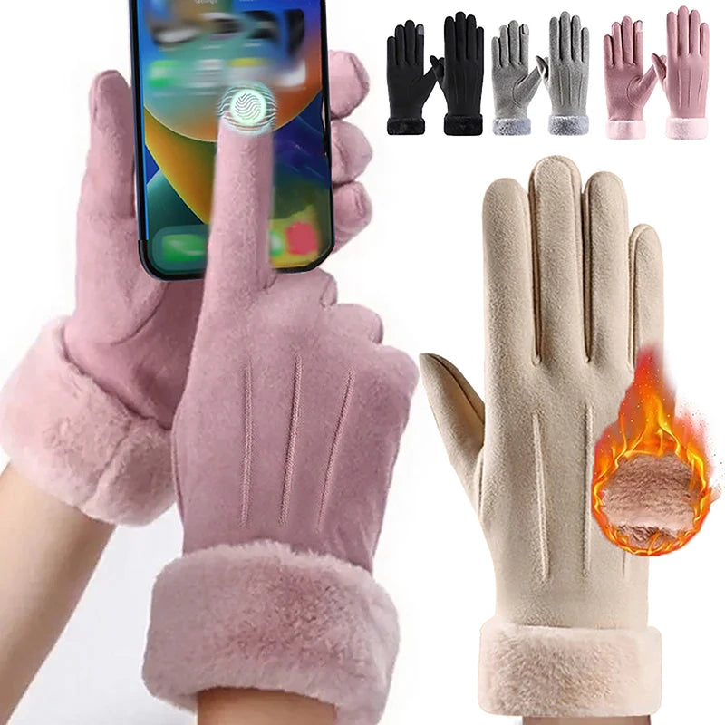 Women Winter Warm Suede Gloves Plus Velvet Thickened Cuff Outdoor Coldproof Touchscreen Riding Ski Gloves
