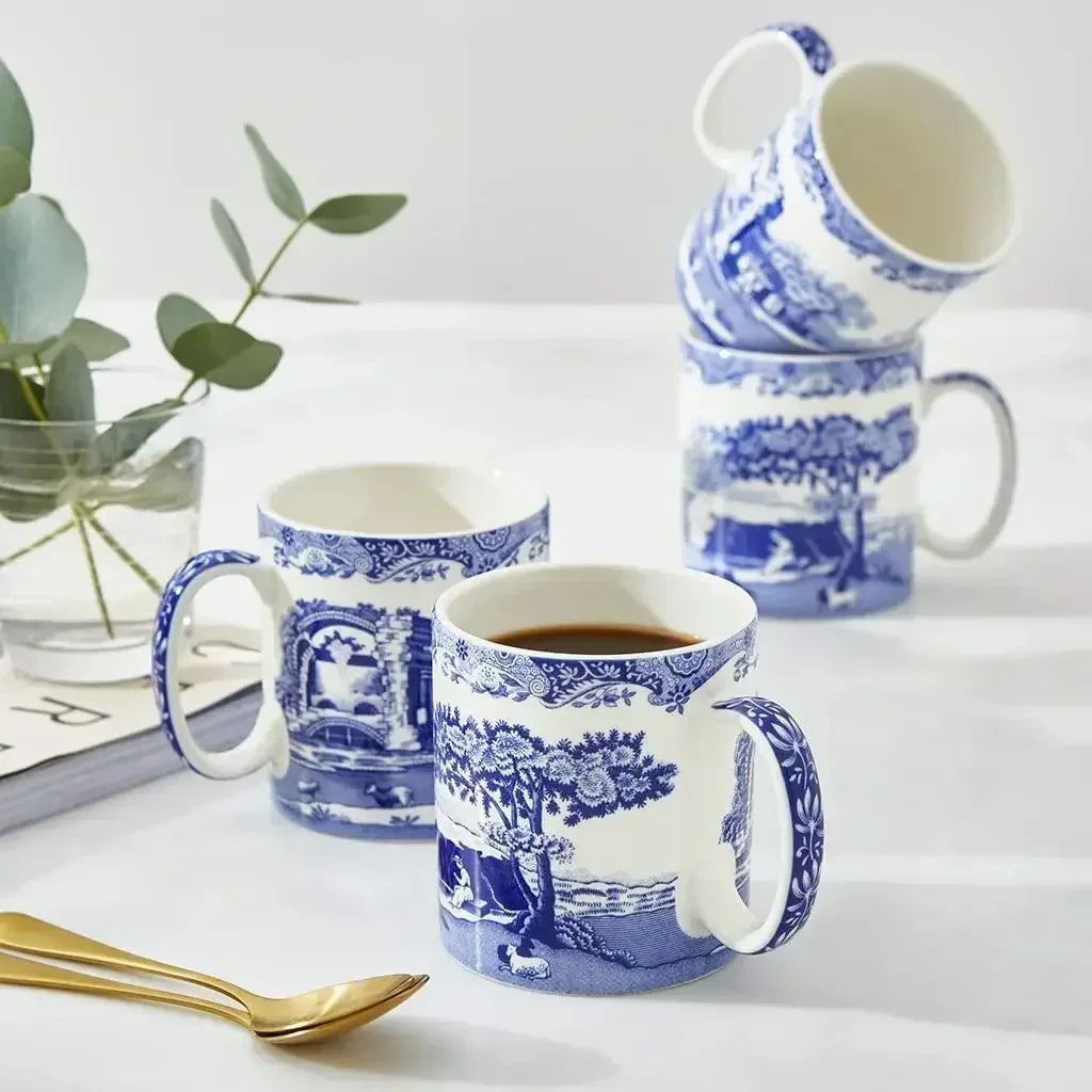 Blue Italian 16oz Jumbo Cup - Scenic Motif & Decorative Border - Elegant Hot Beverage Mug for Tea, Coffee - Brunch Table Drinkwa