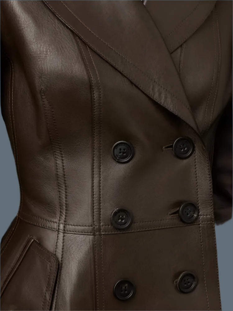 Women Elegant Luxury Fitted Soft Faux Leather Blazer Jacket Double Breasted