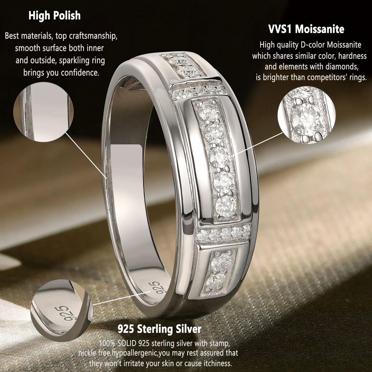 Men Wedding Band 925 Sterling Silver Moissanite Half Eternity Round Engagement Ring