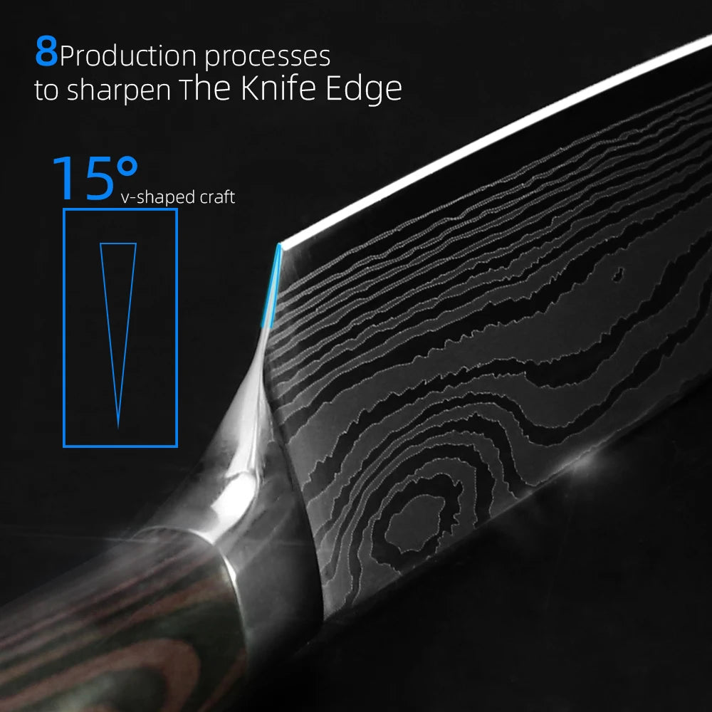 Damascus Laser Steel Kitchen Chef Knives with Shear Cutter and Wooden Handle