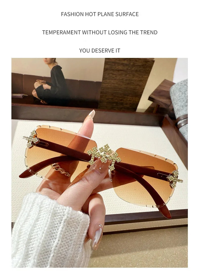Vintage Rimless Square Cutting Lens Women Men Luxury Brand Designer Sunglasses Popular Punk Diamond Cross Sun Glasses UV400