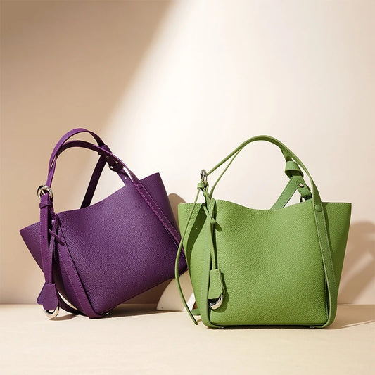 Luxury Genuine Leather Crossbody Shoulder Bag, Cowhide Bag Large Capacity Bucket Handbag