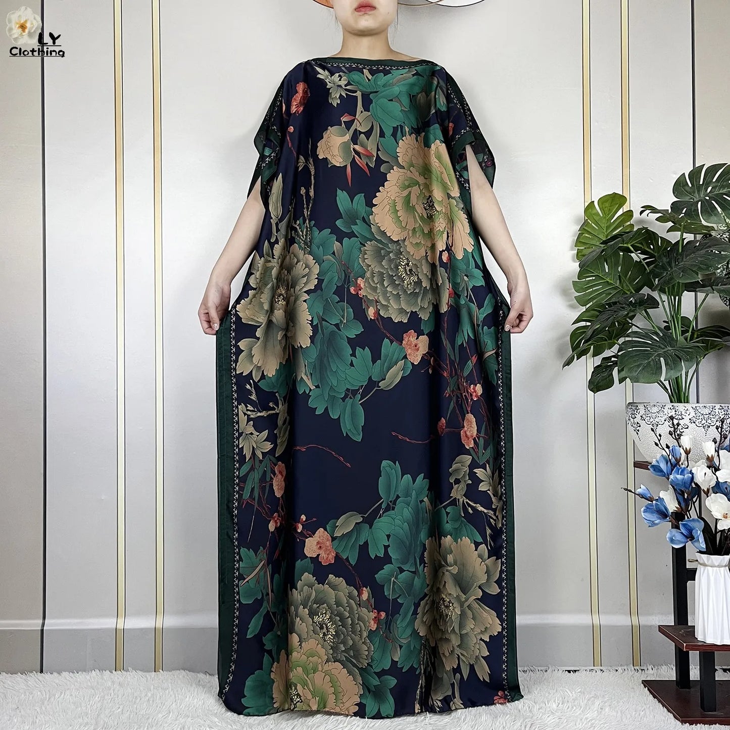 Women Printed Silk Soft Loose Maxi Party Dresses With Belt Turban