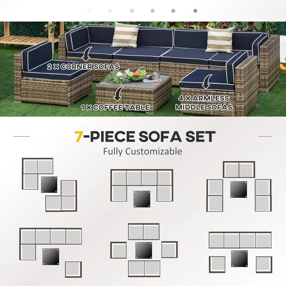 7-Piece Patio Furniture Set, Outdoor Wicker Conversation Set, All Weather PE Rattan Sectional Sofa Set with Cushions