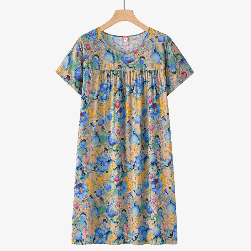 Middle-Aged and Elderly Cotton Silk Short-Sleeved Nightgown