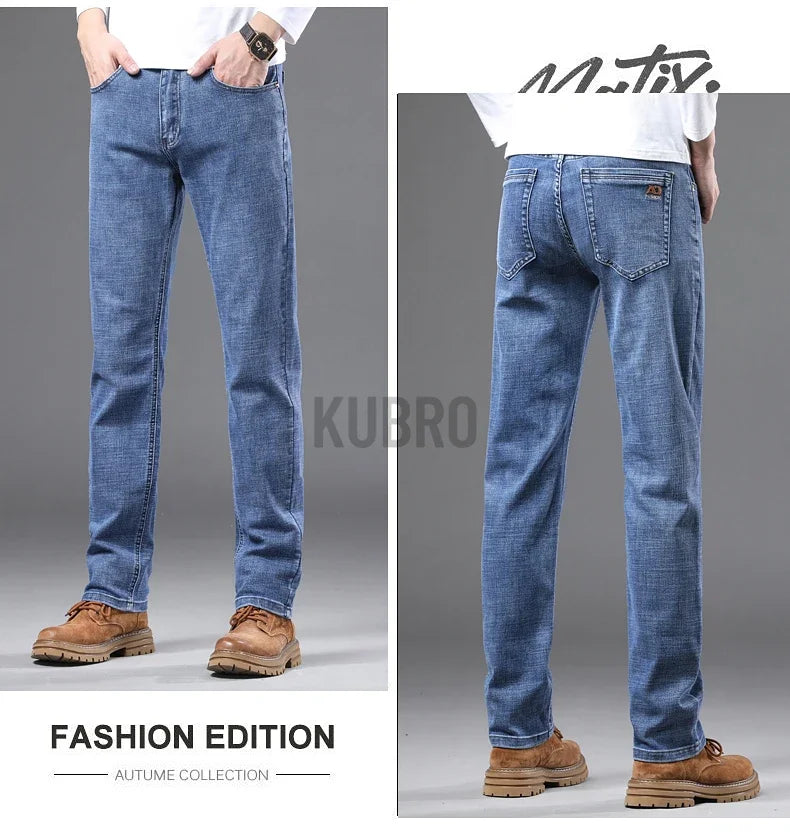 Spring Fashion Men's Light Blue Slim Jeans Stylish Business Casual Stretch Fabric Denim Pants Classic All Match Trousers