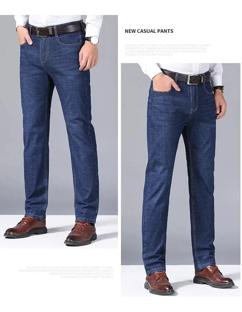 Men's Fashion Business Jeans Classic Style Casual Stretch Slim Denim Trousers