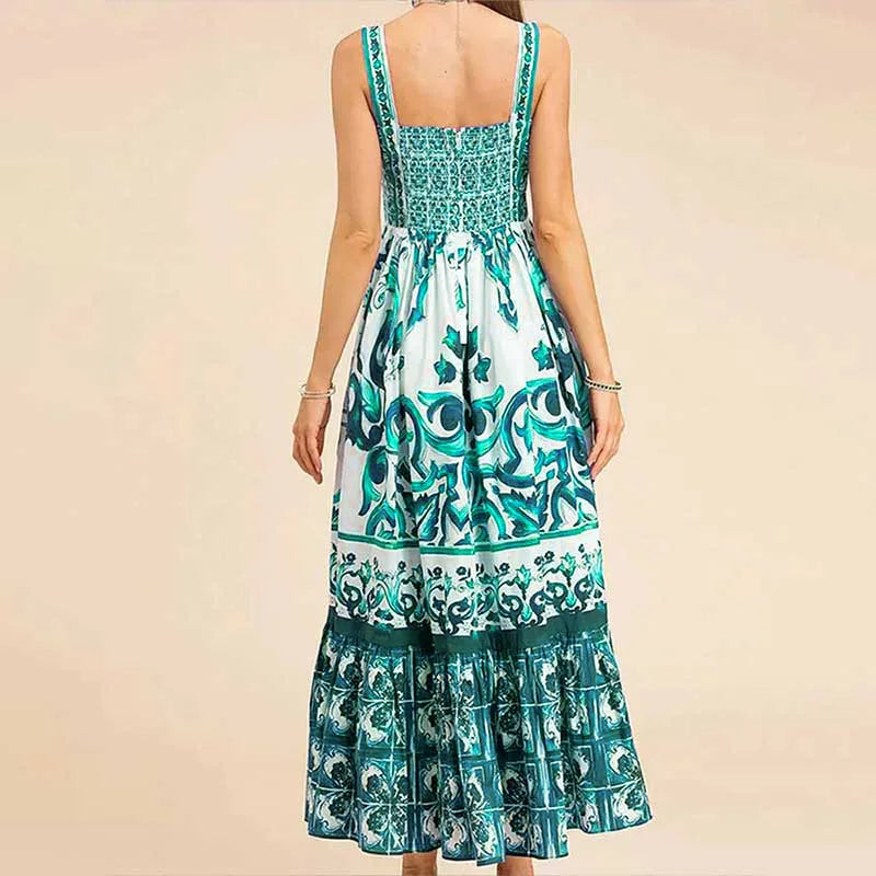 Elegant Summer Bohemian Sling Print Sleeveless A-line Long Dress