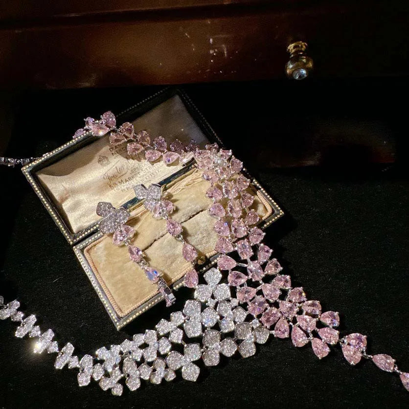 Women Flower Drop Necklace Earring 18K Gold Plated Pink Crown Zirconia