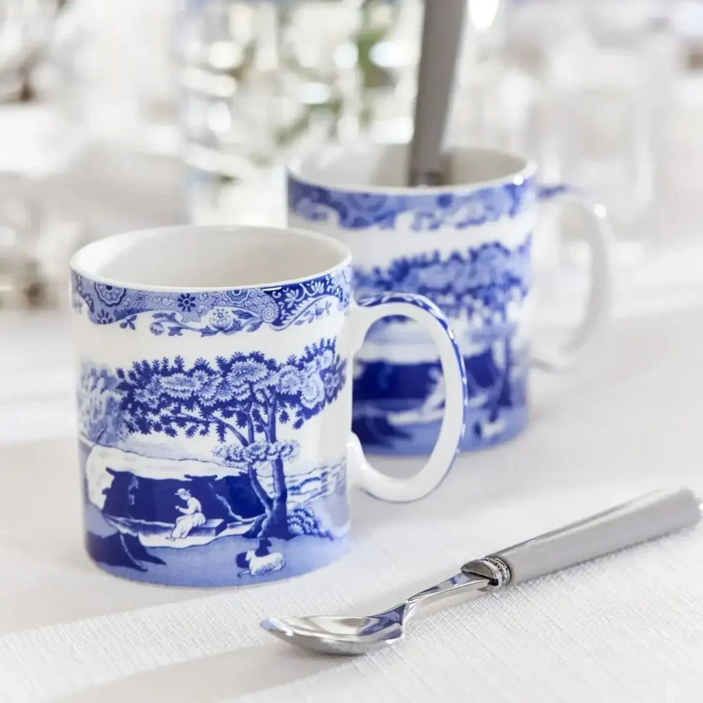 Blue Italian 16oz Jumbo Cup - Scenic Motif & Decorative Border - Elegant Hot Beverage Mug for Tea, Coffee - Brunch Table Drinkwa