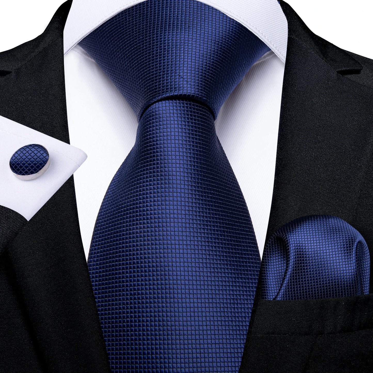 New Classic 100% Silk Men's Ties 8cm Blue Plaid Dot Striped Business Necktie Handkerchief Wedding Party Tie Set