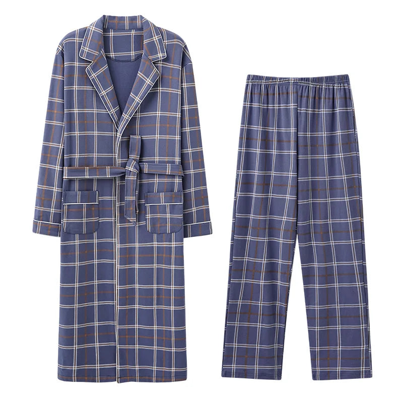 Men’s Cotton Robe Long Sleeve Kimono Bathrobe With Long Pants 2pcs Robes Set Sleepwear Spring Autumn V-Neck Plaid Pajama