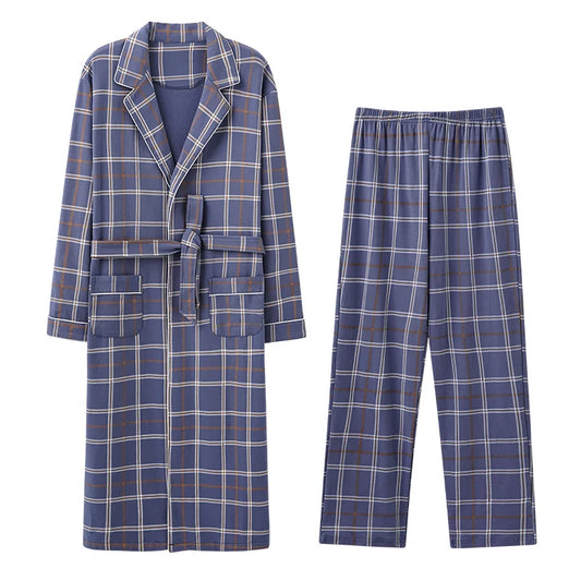 Men’s Cotton Robe Long Sleeve Kimono Bathrobe With Long Pants 2pcs Robes Set Sleepwear Spring Autumn V-Neck Plaid Pajama