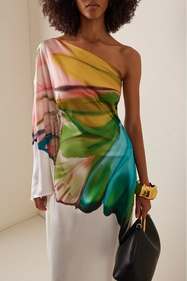 Women Elegant Satin Dress 2025 Oblique Shoulder Papillon Print Dress Maxi Sundress Casual Vintage Printed Loose Long Robe