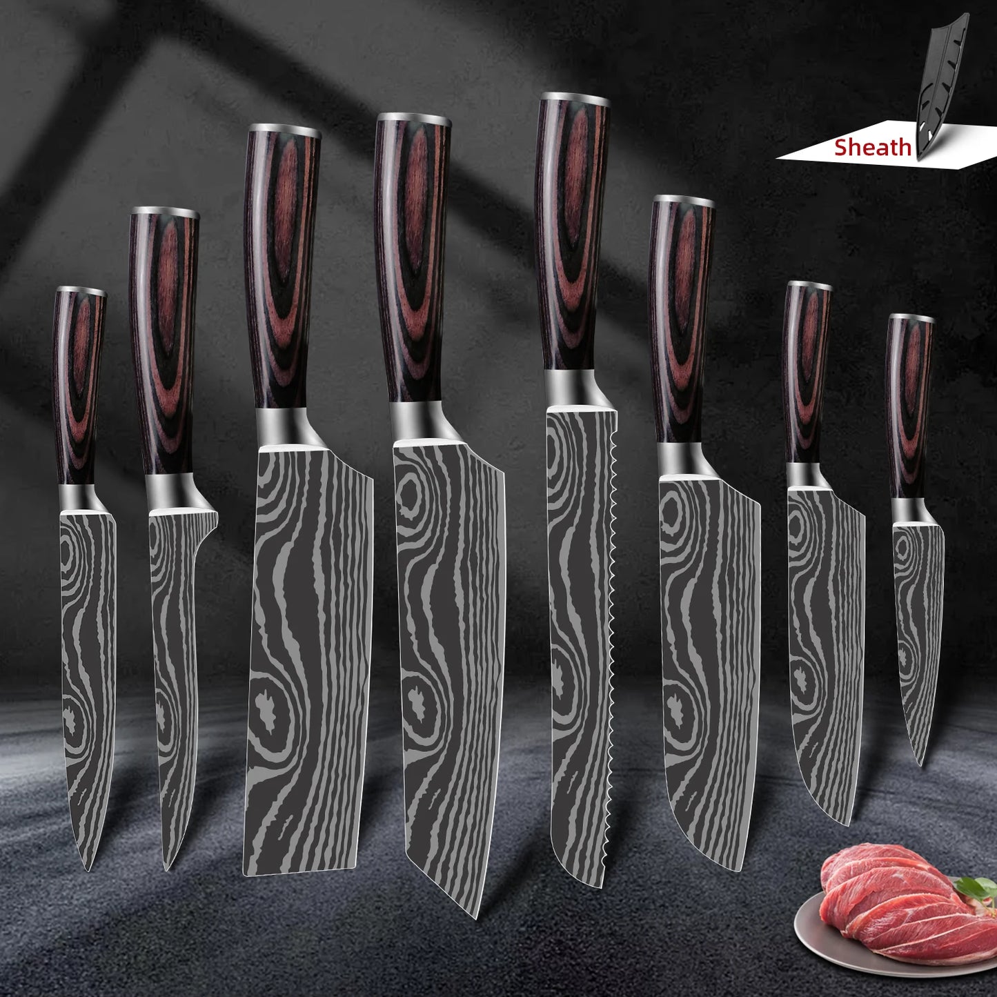 Damascus Laser Steel Kitchen Chef Knives with Shear Cutter and Wooden Handle
