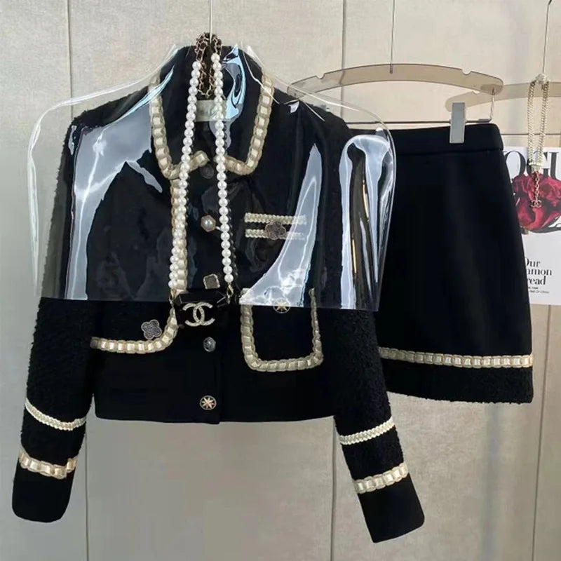 Women Elegant Winter Tweed Fragrant Suit Jacket Coat Top & Skirt Two Piece Set