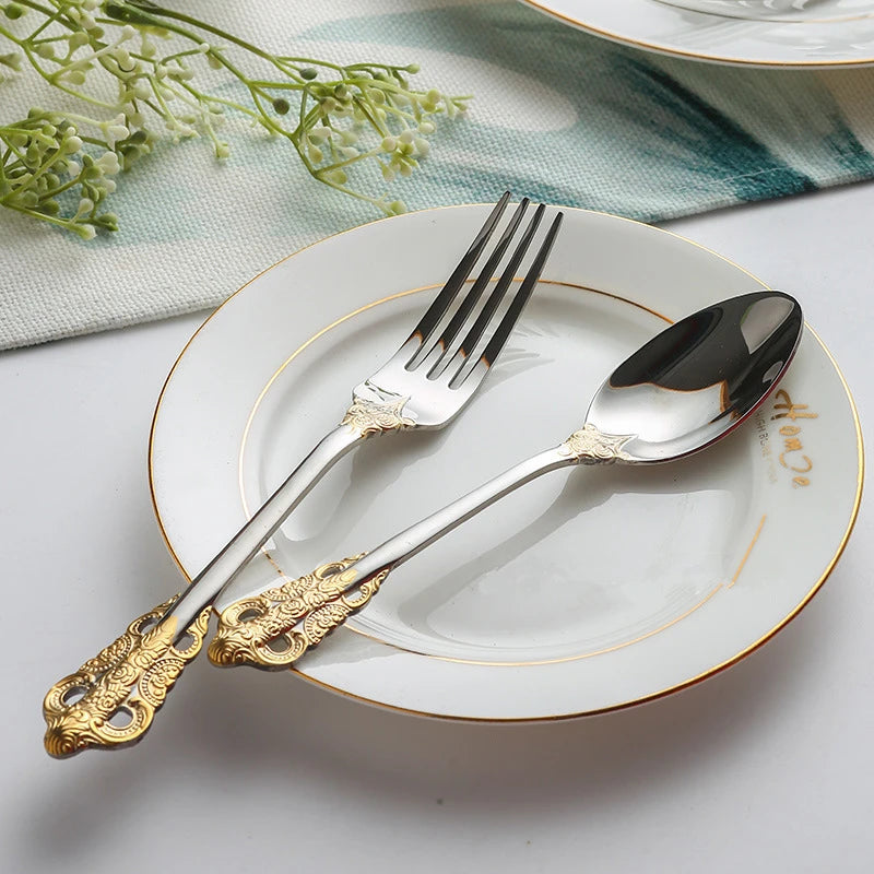 Luxury Gold Cutlery Set Vintage Dinnerware Set 18/10 Stainless Steel Silver Flatware Knife Fork and Spoon