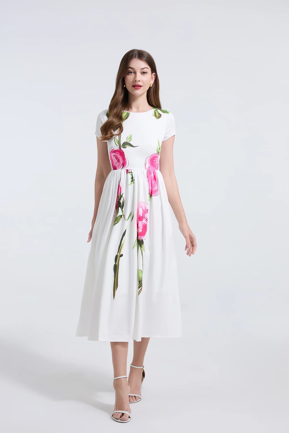 Summer French Women's Retro Pink Flower Waist Cinching Slimming Big Swing Dress Elegant Anti-aging Short Sleeved Skirt